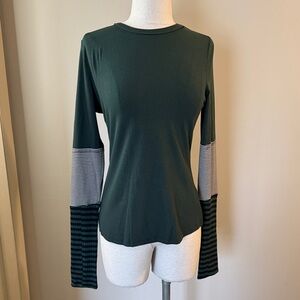 Forest Green Long Sleeve Crew with Striped Sleeve Panels